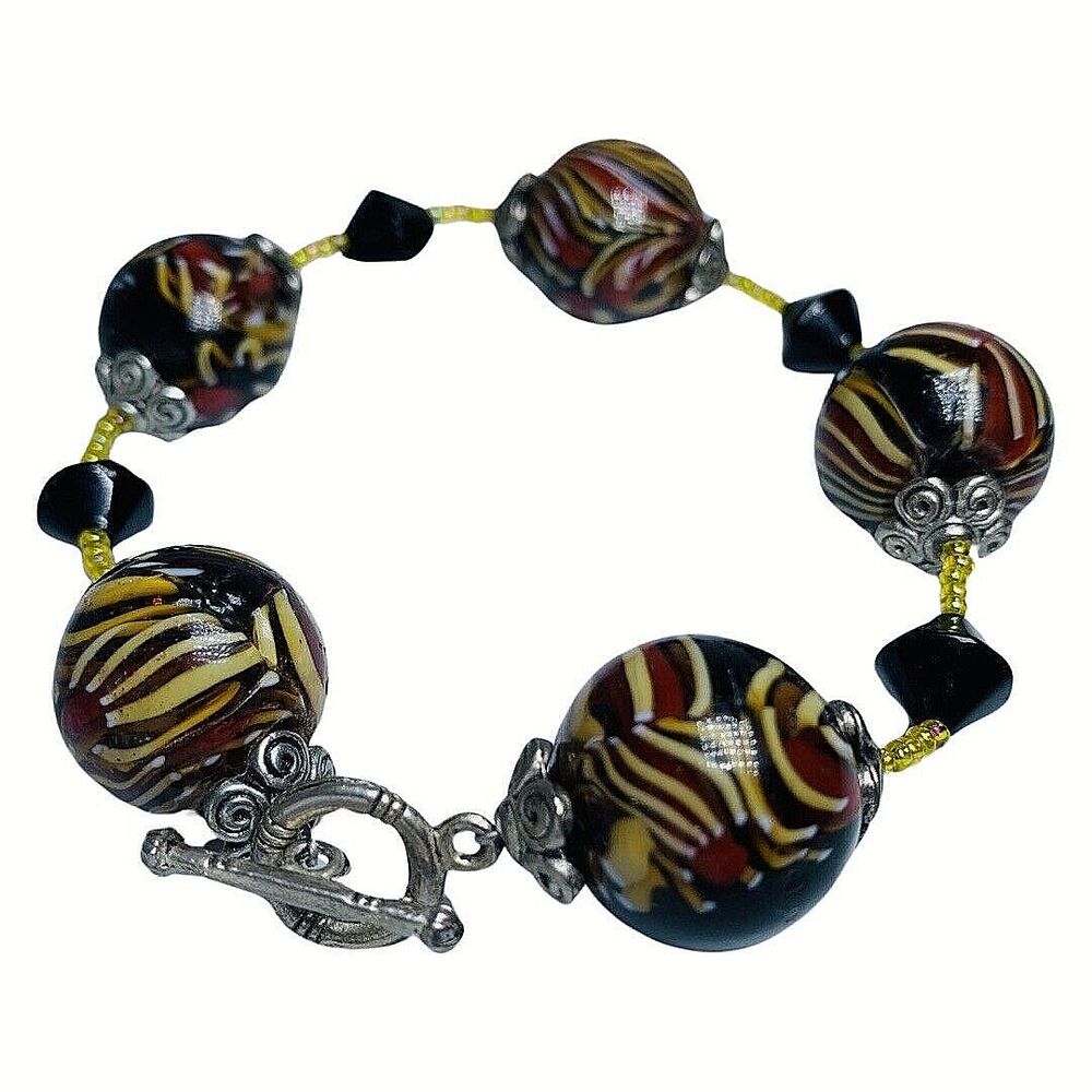 Murano Italy Swirl Multicolor Chunky Glass Bead Bracelet 9" Rare 19mm Trendy